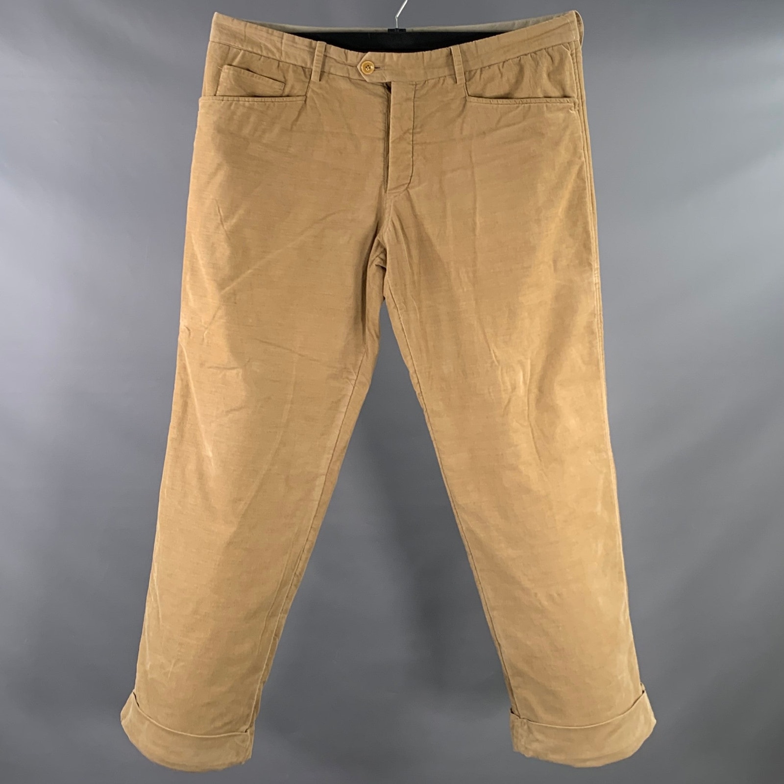 Ts (S) Xl Beige Corduroy Cotton Blend Tapered Cuffed Button Fly Casual Pants